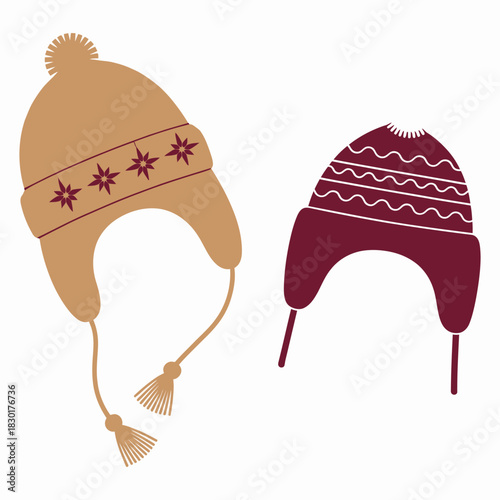 Winter Hats, Modern Knitted Beanies and Wool Caps, Fashionable Cold-Weather Headwear in Flat Style