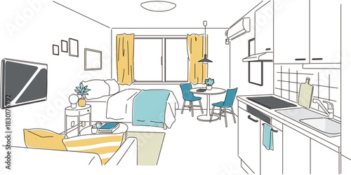 おしゃれな一人暮らしのワンルームの室内イラスト素材