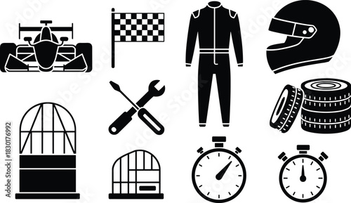 Racing car elements vector illustration including helmet, tires, stopwatch, checkered flag, tools, racing suit, and automotive competition equipment icons.