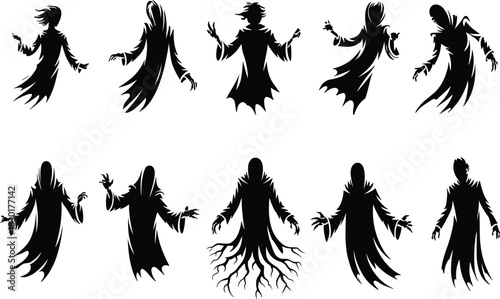 Set of spooky ghost silhouette characters with flowing robes and eerie poses for Halloween, horror design, and dark fantasy art.