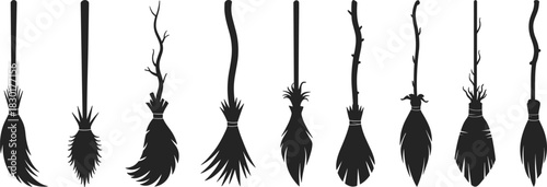 Set of witch broom silhouettes vector illustration, magical flying brooms collection with rustic wooden handles for Halloween decoration and fantasy design