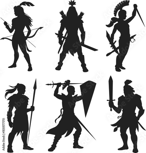 Silhouette collection of ancient warriors holding swords, shields, and spears in battle poses, heroic fighter vector illustration for historical design