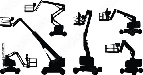 Silhouette collection of boom lift and cherry picker machines with workers operating platforms for construction, maintenance, and industrial safety design vector illustration
