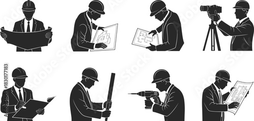 Silhouette engineers and construction workers in safety helmets inspecting blueprints, surveying, and using tools – professional vector illustration set.
