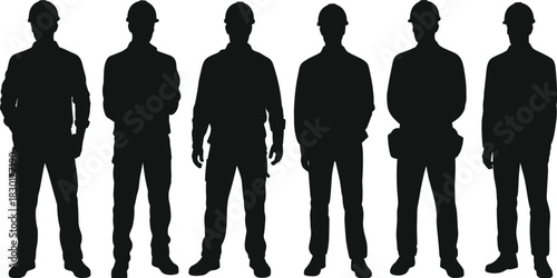 Silhouette illustration of group of construction workers wearing safety helmets standing together, teamwork concept, industrial labor workforce vector design