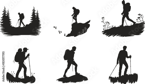 Silhouette hikers walking with backpacks and trekking poles on mountain trails, adventure travel vector illustration, outdoor exploration, hiking, camping concept