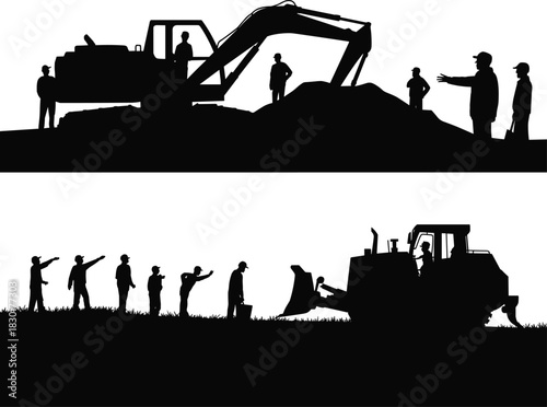Silhouette of construction workers and heavy machinery on site, teamwork, excavation, engineering, and industrial development concept vector illustration.
