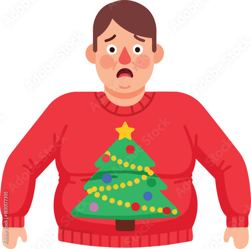 Funny shocked man wearing tight ugly Christmas sweater with tree design high-quality editable EPS vector file