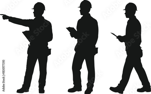 Silhouette of construction engineers inspecting site with clipboard, professional workers wearing hard hats supervising industrial project and safety operations.