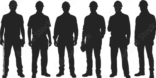 Silhouette of construction workers standing together wearing safety helmets representing teamwork, industry labor, engineering, 