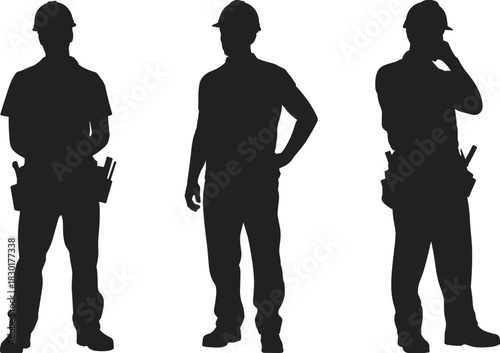 Silhouette of construction workers wearing hard hats, industrial labor concept with engineers, builders, and technicians in professional work poses.