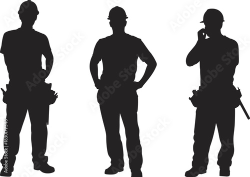 Silhouette of construction workers wearing helmets with tools standing and communicating, representing teamwork, labor industry, engineering, and safety concept illustration.