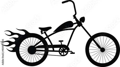 Silhouette of custom chopper bicycle with flame design on rear wheel isolated on white background for retro bike vector illustration.