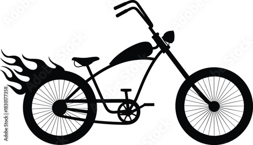 Silhouette of custom chopper bicycle with flame design on rear wheel isolated on white background for vintage bike vector illustration.