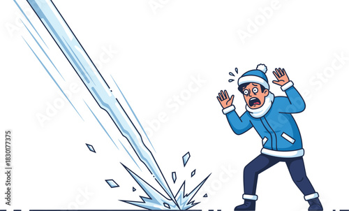 Scared man dodging huge falling icicle in winter accident concept editable vector format for creative use