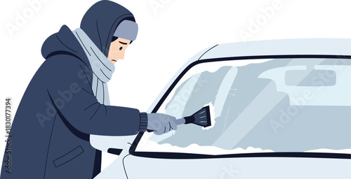 Person scraping ice from car windshield on a cold winter morning commute flat vector artwork with solid colors