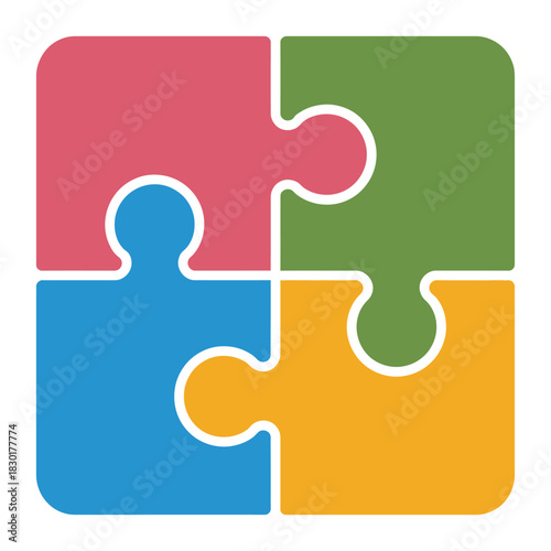 Colorful square jigsaw puzzle with four interlocking pieces, teamwork unity concept, flat vector icon ideal for mobile apps, websites, and corporate graphics