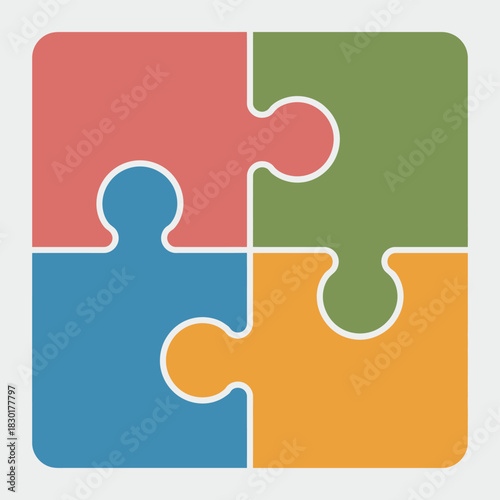 Square four-piece jigsaw puzzle icon, colorful teamwork collaboration symbol, flat vector illustration for apps, websites, presentations, branding, and digital design