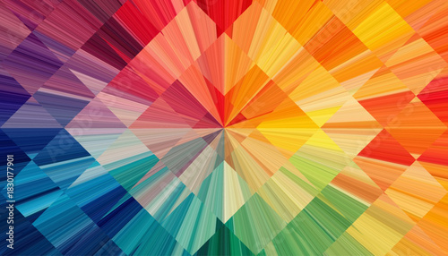 Vibrant geometric burst of converging rainbow rays forming dynamic rectangular grid. Mosaic of acrylic like colors blends together in colorful pattern full of light and harmony for creative projects