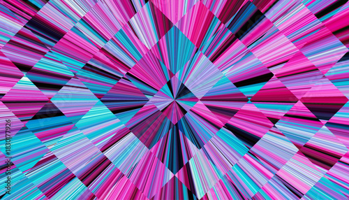 High impact geometric abstract with pink violet turquoise converging light rays forming geometric diamond grid pattern. Dynamic symmetrical rectangular grid pattern for futuristic design, digital art