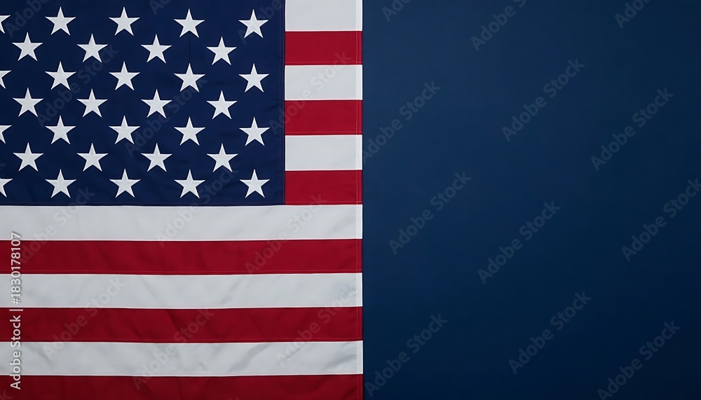 Fototapeta premium United States flag positioned on the left side, featuring stars and stripes, leaving ample dark blue copy space on the right