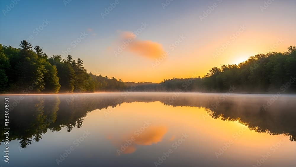 Fototapeta premium A peaceful, stunning sunrise over a calm forest lake or pond. Golden light illuminates the sky and reflects perfectly on the mirror-like water surface, which is covered with a thin layer of atmospheri