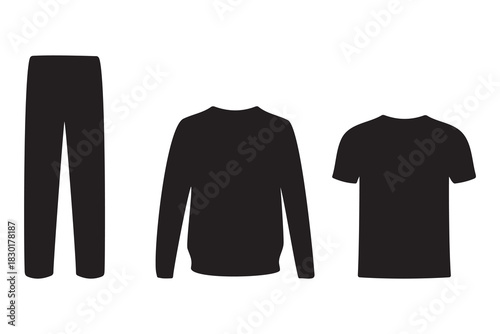 Black silhouette of casual clothing items including pants sweater and t shirt isolated on white background