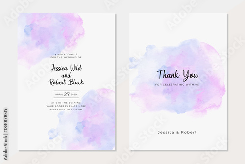 Wedding invitation card purple blue abstract watercolor background