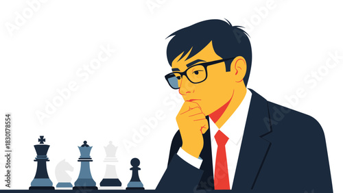 Strategic businessman contemplating chess move, embodying intelligence and foresight in business planning for success, showing strategy for growth