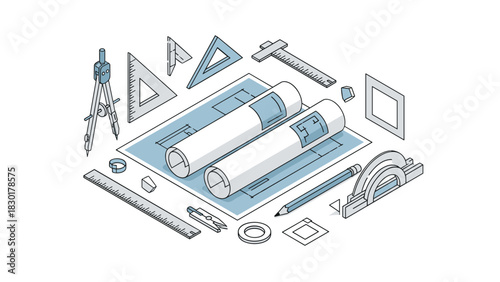 Detailed architectural blueprint layout showing precision tools and rolled plans, ideal for construction, engineering, and architectural projects with scalable design