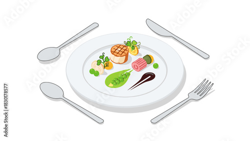 Elegant plate of food with modern plating ready to be eaten, chef-prepared culinary experience, fine dining presentation, food illustration for menus and cookbooks
