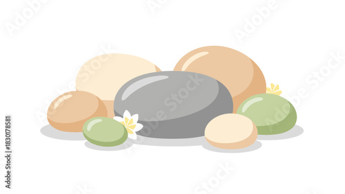 Relaxing spa stones and delicate blossoms offering tranquility and peace, perfect for wellness promotions or serene branding, originally a scalable vector graphic