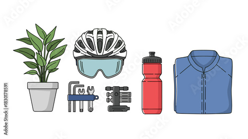 Essential cycling gear for your next adventure, including helmet, water bottle, repair tools and a jacket, great for cycling blogs and websites!