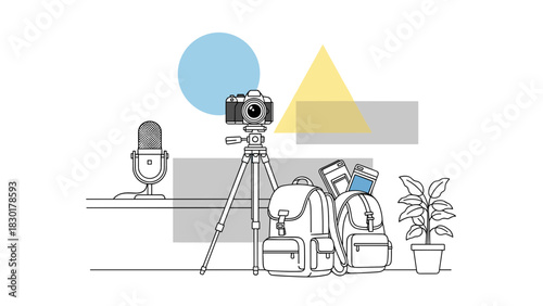 Modern creative workspace with camera and podcast equipment, inspiring digital storytelling, vlogging, and content creation for online media projects