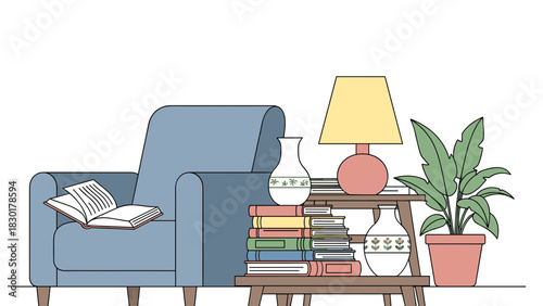 Cozy reading nook with armchair, books, lamp, and plant creates a relaxing atmosphere perfect for study, leisure, or creating a welcoming home environment