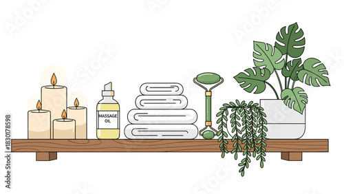 Spa day essentials on a wooden shelf including candles, massage oil, fresh towels, a jade roller, and lush plants for a relaxing self care routine