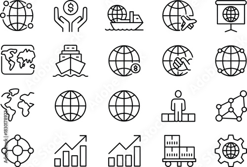 Global Network and Technology Line Icon Set,Fiber Optic Cable,Satellite and Microchip Outline Icons,High-Tech Circuit, Fiber Cable and Global Web Line Art Collection,Tech Innovation, Circuit Board,Ai