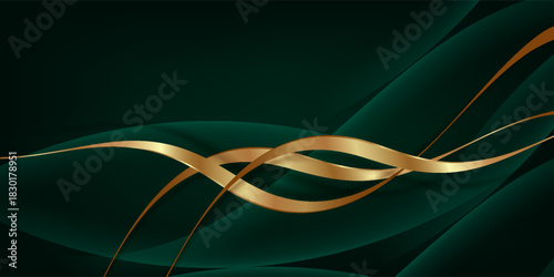 3D green luxury abstract background overlap layer on dark space with golden wave lines decoration. Modern graphic design element cutout style concept for web banner, art, flyer, card or brochure cover