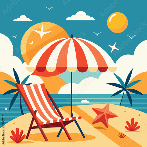 Striped beach chair under umbrella with starfish and palm trees