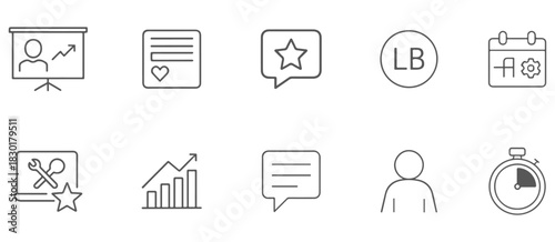 Business marketing analytics project management line art vector icon set