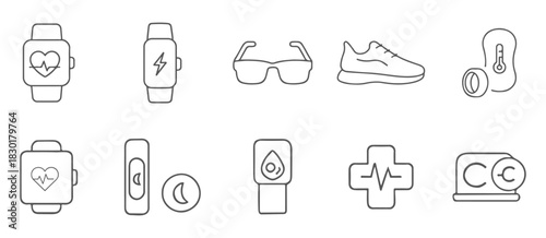 Fitness and health line icons. Wearable technology, smart watch, wellness symbols.