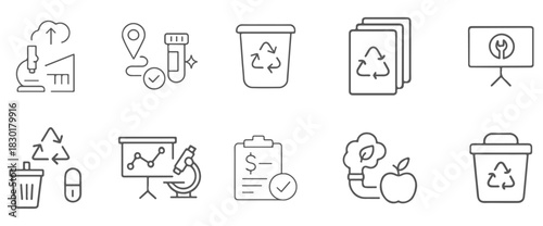 Recycling and biotech line icons. Environment, science, sustainable growth symbols.