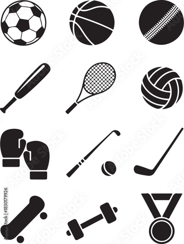 Sports equipment icons offering fitness fun design