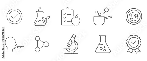 Pharmacy and health line icons. Science, medical research, analysis symbols.