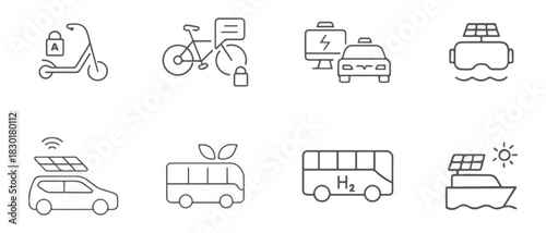 Sustainable transport line icons. Electric vehicle, solar energy, H2 bus symbols.