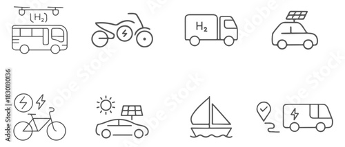 Eco-friendly green electric transport outline vector icon set