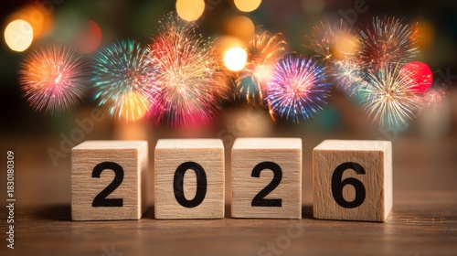 New year celebration 2026 urban setting festive atmosphere colorful fireworks nighttime enthusiasm of renewal