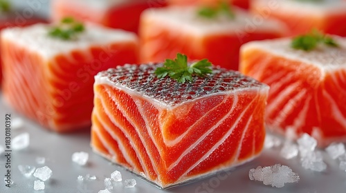 Grid Pattern Salmon Cubes On Pure White Background For Catalog