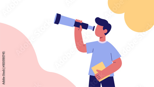 Pastel Flat Illustration of a Student Looking Into the Future with a Telescope and Book