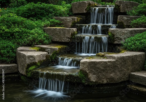 A beautiful tiered stone waterfall fountain with smooth, cascading water flowing over the mossy edges in a tranquil garden setting ,cascade ,summer ,construction